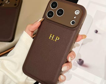 Personalized Initials Leather Phone Case For iPhone 17 16 15 14 13 12 11 Pro Max Plus Mini Custom Monogram Brown Luxury Aesthetic Cover Gift