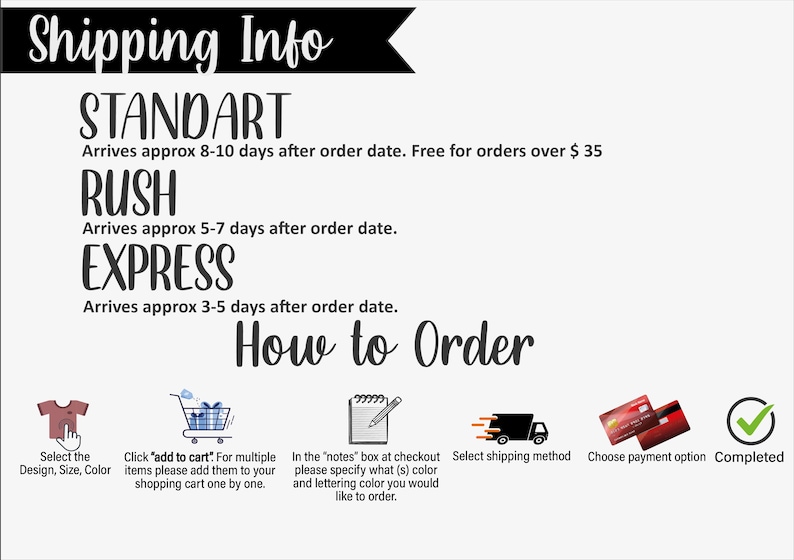 May include: A graphic with instructions on how to order a custom t-shirt. The graphic includes a t-shirt, a shopping cart, a notepad, a delivery truck, credit cards, and a checkmark. The text on the graphic reads "Shipping Info", "Standart", "Rush", "Express", "How to Order", "Select the Design, Size, Color", "Click 'add to cart'. For multiple items please add them to your shopping cart one by one.", "In the 'notes' box at checkout please specify what (s) color and lettering color you would like to order.", "Select shipping method", "Choose payment option", "Completed".