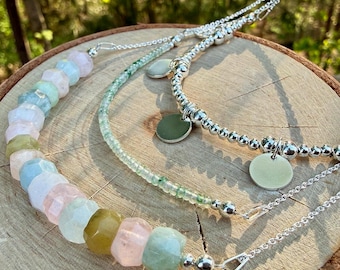 Dreireihige Aquamarin-Beryll-Halskette | Sterling Silber Edelstein Statement Schmuck