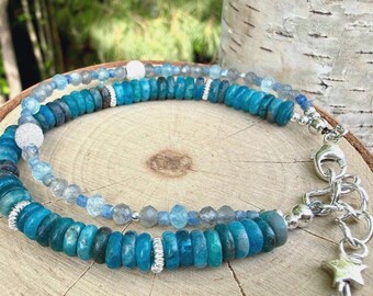 Apatit Aquamarin Labradorit Sterling Silber Doppelstrang Armband