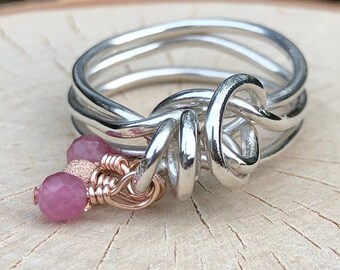Weißer Heißer Sterling Silber Ring - Rosa Turmalin und 14 / 20K Roségold, Boho Schmuck