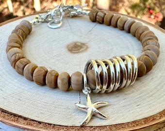 Sterling Silber Seestern Armband - Holz Jaspis, Bergkristall, Meereswellen Anhänger