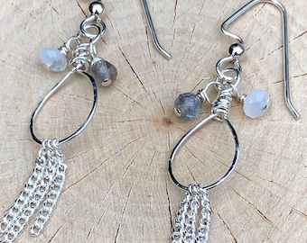 Wasserfall Sterling Silber Ohrringe mit Labradorit und Mondstein Edelsteinen, Handwerker Schmuck