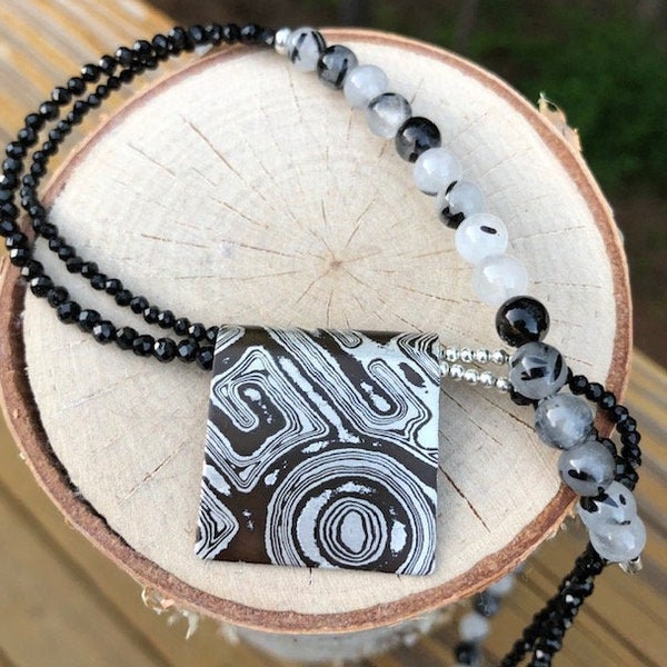 Ashes Necklace: Mokume Gane, Black Spinel and Black Tourmaline