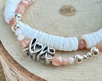 Rosa Opal Rhodochrosit Perlmutt Doppelstrang Armband - Sterling Silber Liebes Charm