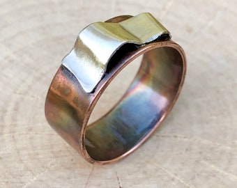 Bemalter Wüsten Kupferring – Feuerbemaltes Kupfer & Sterling Silber, Handgemachter Schmuck
