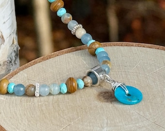 Arizona Türkis Halskette - Blauer Onyx, Holz Jaspis, Boho Schmuck aus Sterlingsilber, AAA Echter Türkis