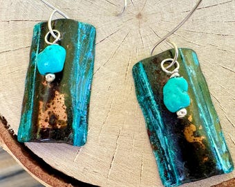 Bemalte Kupferohrringe - Boho Schmuck, Handgemachte Türkis Ohrringe