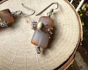 Einzigartige Seven Hills Ohrringe - Sterling Silber, Montana Achat, römisches Glas, Boho Schmuck