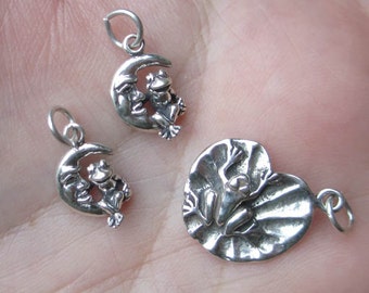 Sterling Silver Frog on A Lilypad or Frog on Moon Charm - You choose which one