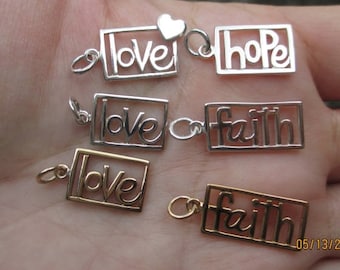 Sterling Silver or Bronze Love Charm, Faith, or Hope