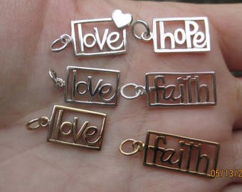 Sterling Silver or Bronze Love Charm, Faith, or Hope