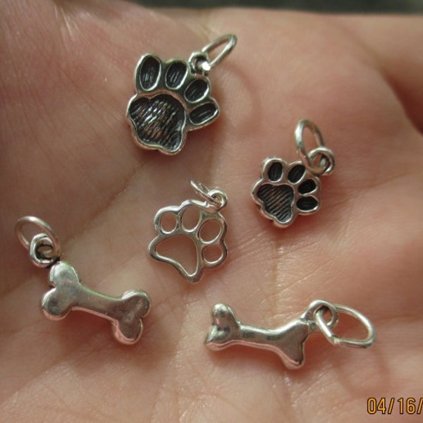 Sterling Silver Paw Print Charm solid or open work, or dog bone - you choose which one