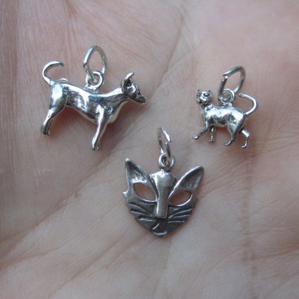 Sterling Silver Cat Face Charm,Cat Charm or Chihuahua Dog( You choose which One)