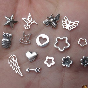 Sterling Silver Tiny Embellishments, accents, or solderable pieces(Arrow,Star,Heart,Bee,Flower,Owl,Butterfly,Angel Wing,or Bird)