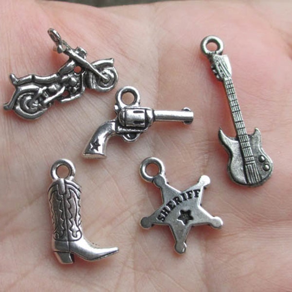 Pewter 3 piece western charms, Guitar or Motorcycle(You Choose)