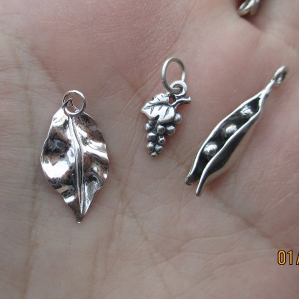 Sterling Silver Peapod Drop Charm, Grapes or Leaves