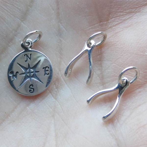 Sterling Silver Small Wishbone Charms(two total) or Compass Charm(one charm)