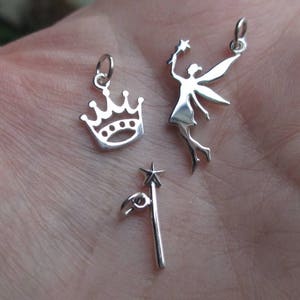 Sterling Silver Crown Charms, Fairy or Fairy Wand Charms