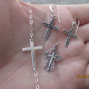 Sterling Silver Sideways Cross Necklace, Rose Cross Earrings, Fancy Cross charm, or stampable cross