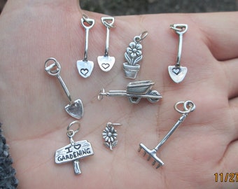 Sterling Silver Wheelbarrow Charm, Shovel,Flower, I Love Gardening or Garden Rake(You choose which one)