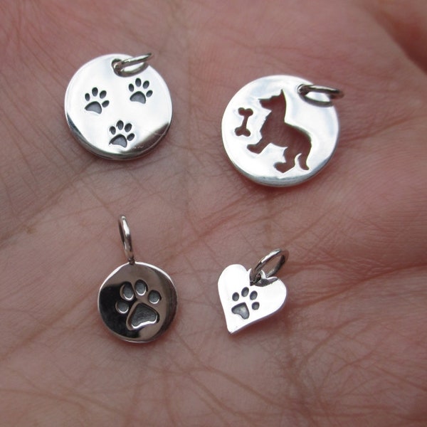 Sterling Silver Paw Print Charm, Heart Paw Print, Dog and Bone or Trio Paw Print