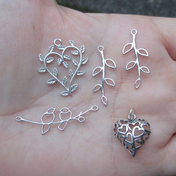 Sterling Silver Vine Links, Branch with Birds,Lots Of Hearts Charm, or Heart with Leaves(you choose which one)