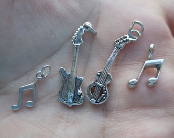 Sterling Silver Electric, Spanish Guitar, r music note Charm(one)You choose which one