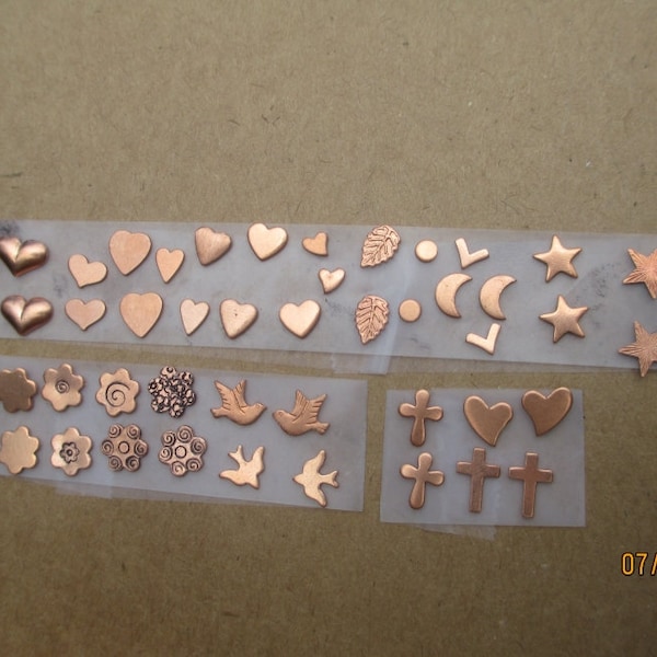 Copper Mini Cross, Doves, or Art Nouveau Tiny Stars, Moon, plain stars,Flowers or Hearts - Solderable Accents( 24g)