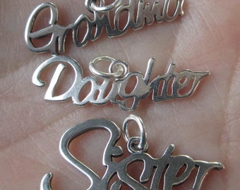 Sterling Silver Mother Charm(one charm)with two crystal drops or Daughter, Sister, Grandma