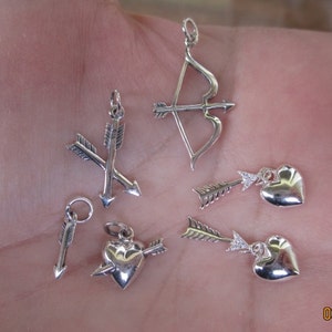 Sterling Silver Heart and arrow, double arrow, bow and arrow, or small arrow charms