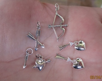 Sterling Silver Heart and arrow, double arrow, bow and arrow, or small arrow charms