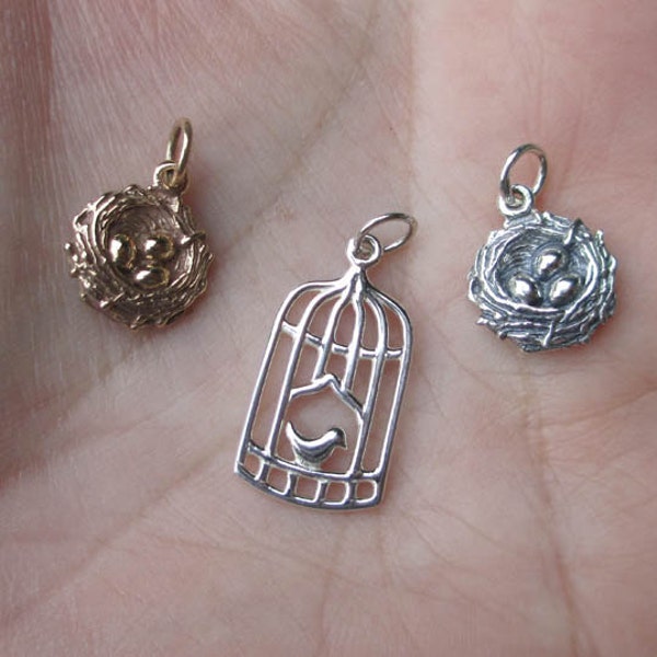 Sterling Silver Birds Nest Charm or Bird Cage(one)