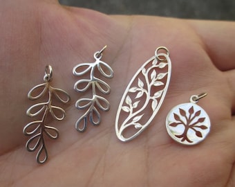 Sterling Silver Leaves, Oval Tree of Life Pendant, Vine Charm, or Tree of Life Disk