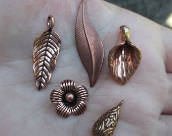 May include: Five copper-colored metal charms, including a flower, a teardrop, and three leaf shapes.