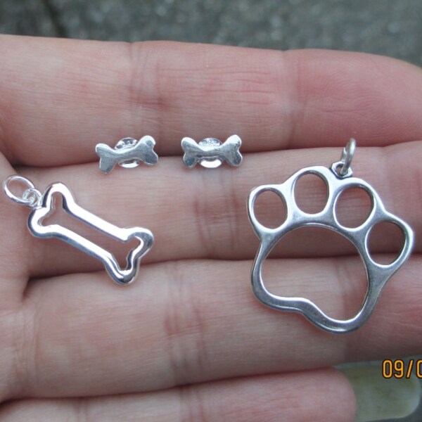 Sterling Silver Dog Bone Charm, Post Earrings, or Paw Print