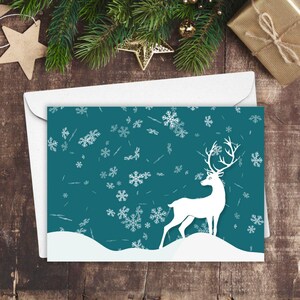 Cartão de Natal com veado de inverno, Cartão de Natal moderno, Cartão em branco para feriados com cena de inverno, Cartão de Natal com veado branco