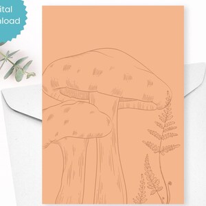 Cartão de felicitações para download, cartão em branco monocromático de cogumelo laranja, cartão de agradecimento, cartão de nota de fungo, imprima seu próprio cartão, cartão de aniversário