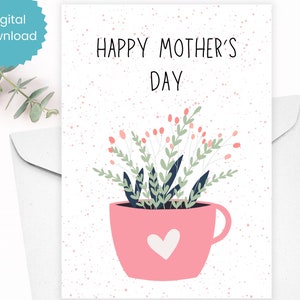 Linda tarjeta para el Día de la Madre para los amantes de las flores y el café, tarjeta de felicitación para el Día de la Madre descargable e imprimible al instante, tarjeta de nota para el Día de la Madre