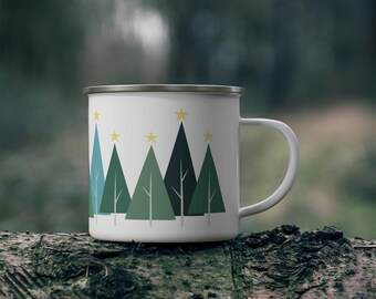 Taza de camping esmaltada con forma de pino: taza de acero inoxidable de 12 oz