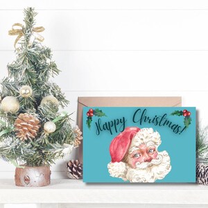 Carte de voeux père Noël rétro classique, carte de voeux père Noël rétro bleue, carte de voeux père Noël vintage