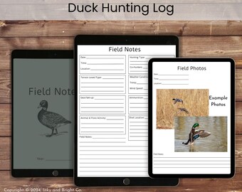 May include: Three black tablets displaying a duck hunting log. The tablets show pages for field notes, hunting details, and example photos of ducks. The text "Duck Hunting Log" is at the top. The background is a wooden surface.