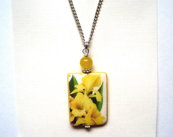 Yellow Iris. Mother of Pearl Pendant Necklace. 18" chain. New. Handmade.