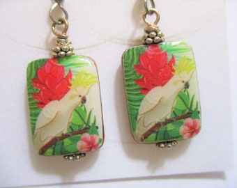 White Cockatoo Parrot in tropical garden. Mother of Pearl Shell Earrings. Handmade.
