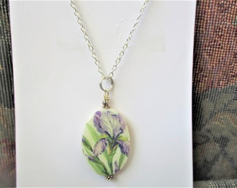 Purple Iris. Mother of Pearl Pendant Necklace. 18" chain. New. Handmade.