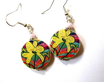 Yellow Orchid on tropical background. Earrings. Mother of Pearl shell dangles. Handmade.