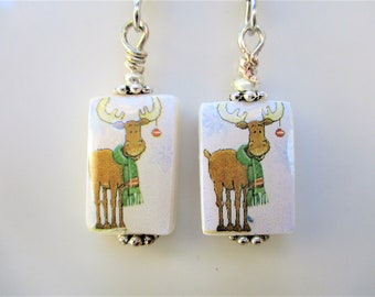 Festive Reindeer with hanging ornament. Petite Mother of Pearl Shell Earrings. Handmade.