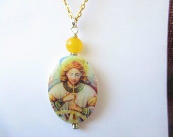 Angel playing a flageolet. Mother of Pearl Pendant Necklace with chain. New, Handmade.