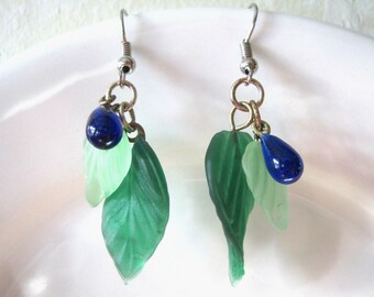 Blue Berry Dangle earrings with frosted green leaves.Think spring. Handmade.