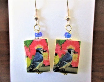 Blue Jay among Pink Flowers. Mother of Pearl Shell Earrings. Handmade.